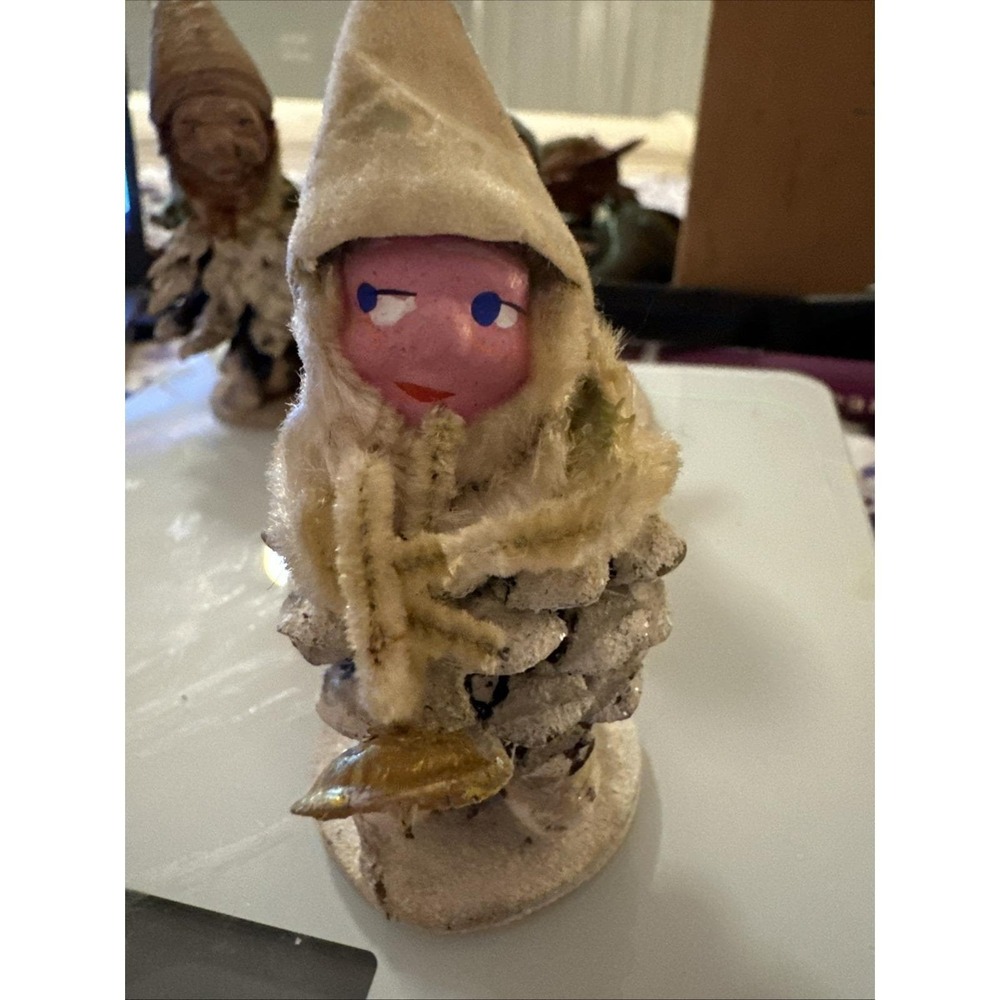 Antique Pinecone Elf Pixie Musician Trumpet Christmas Figure From Japan Side Eye - Picture 6 of 7